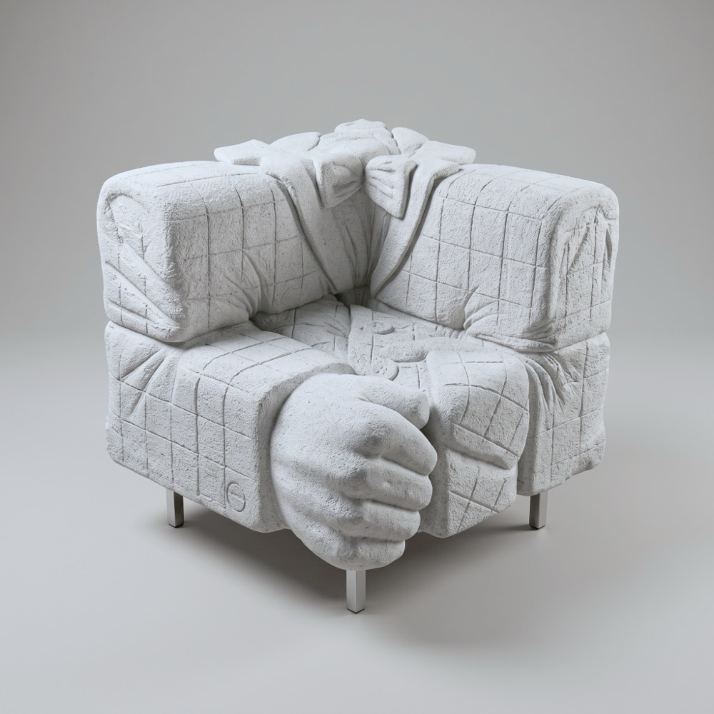 A square armchair carved from aerated concrete on short steel feet. Its back carries a suit collar and lapels; a large hand grips the front of the seat.