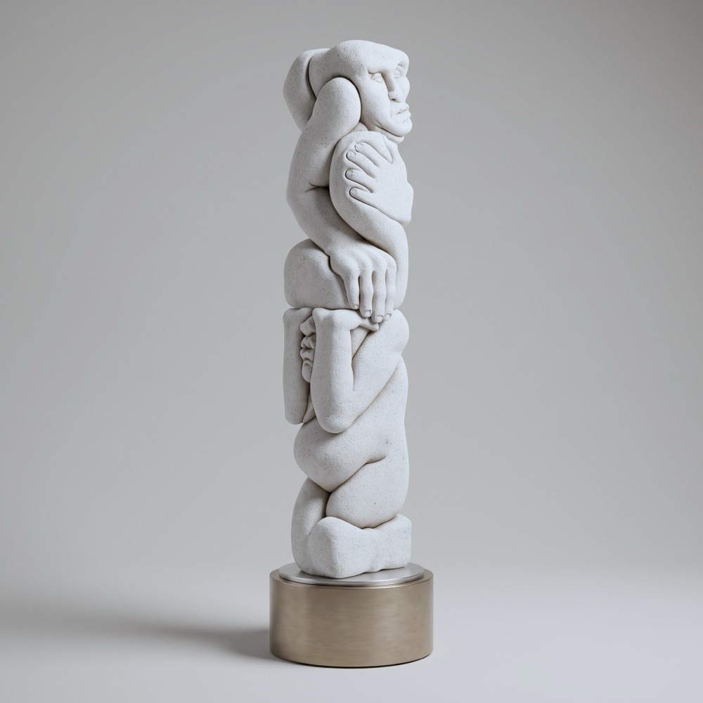 A tall aerated-concrete column on a round brass base. Faces, crossed arms and clasped hands of several figures are stacked and interlocked up its length.
