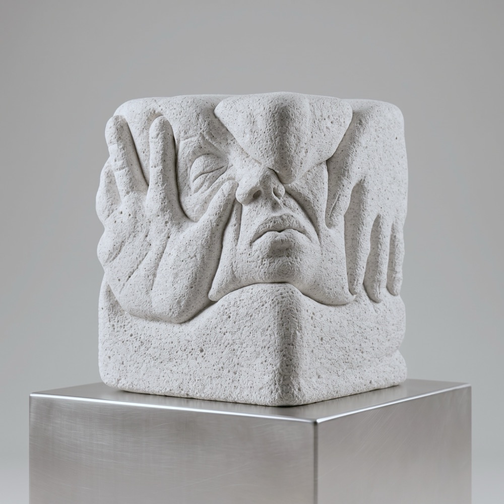 A cube set corner-on on a steel pedestal. A face with eyes squeezed shut is carved into its front edge, and two long-fingered hands press up the sides beside it.